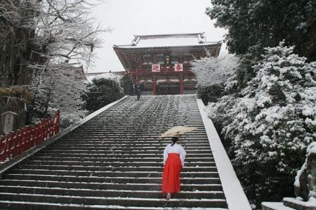 鎌倉鶴ヶ丘八幡宮の雪と巫女さん